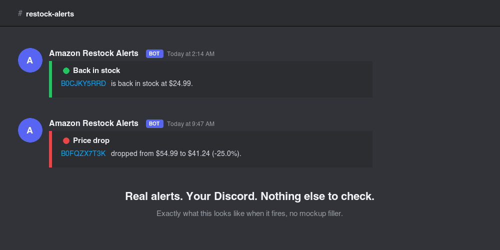 Discord channel showing a Back in stock alert and a Price drop alert from Amazon Restock Alerts